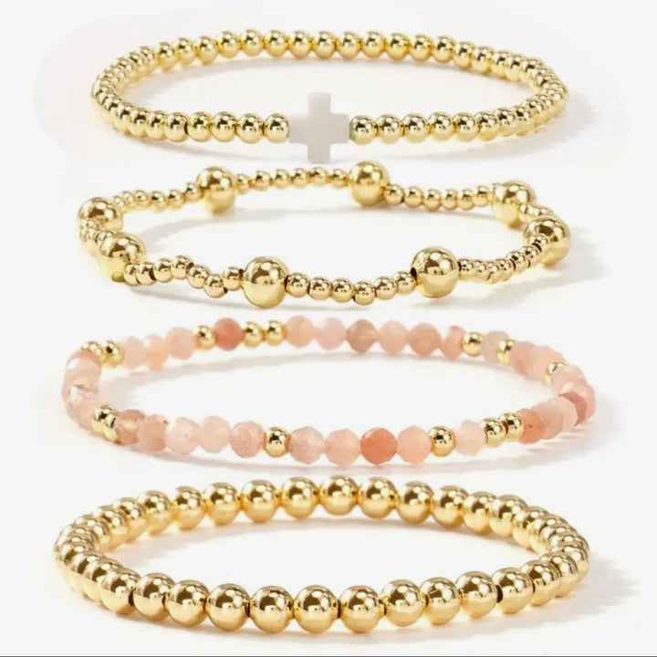 Boho Cross Multi Gold Beaded Stretch Bracelet Set of 4 in White