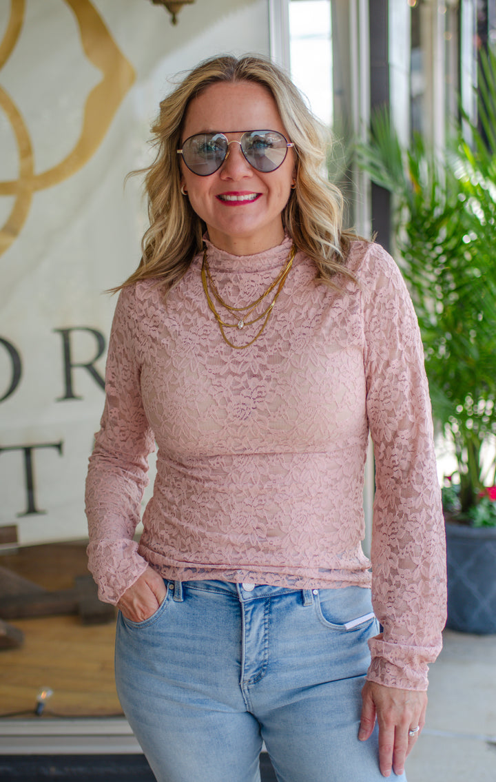 Heart Like Mine Fitted Long Sleeve Lace Top in Dusty Blush
