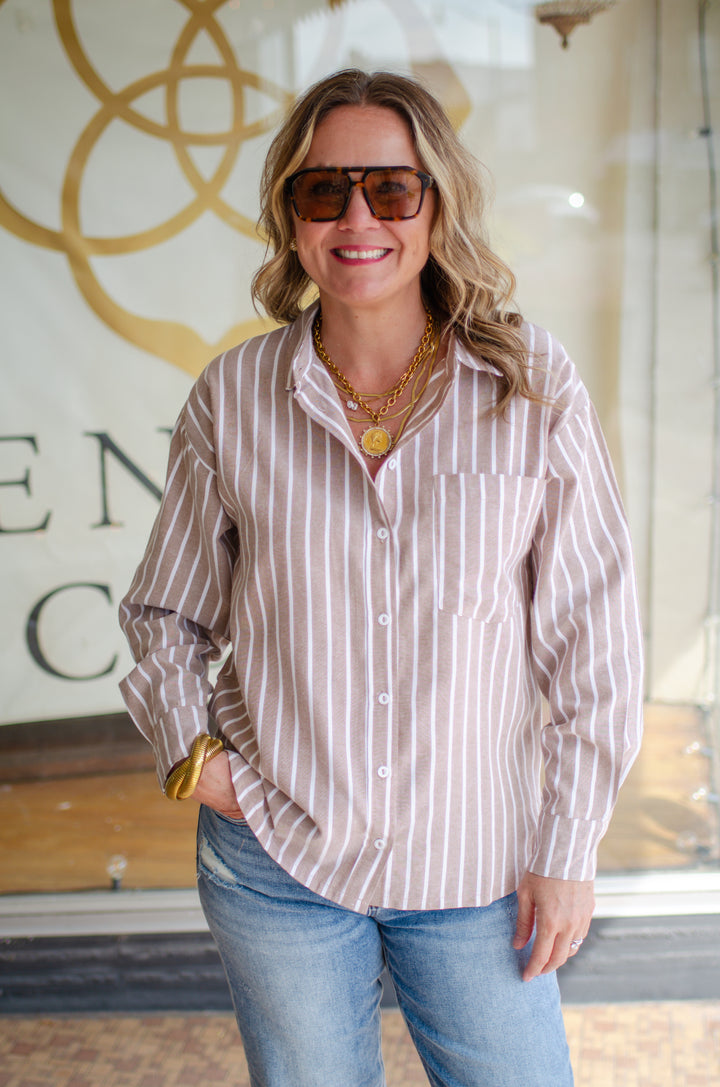 Fall Classic Stripe Button Down Boyfriend Top in Mocha