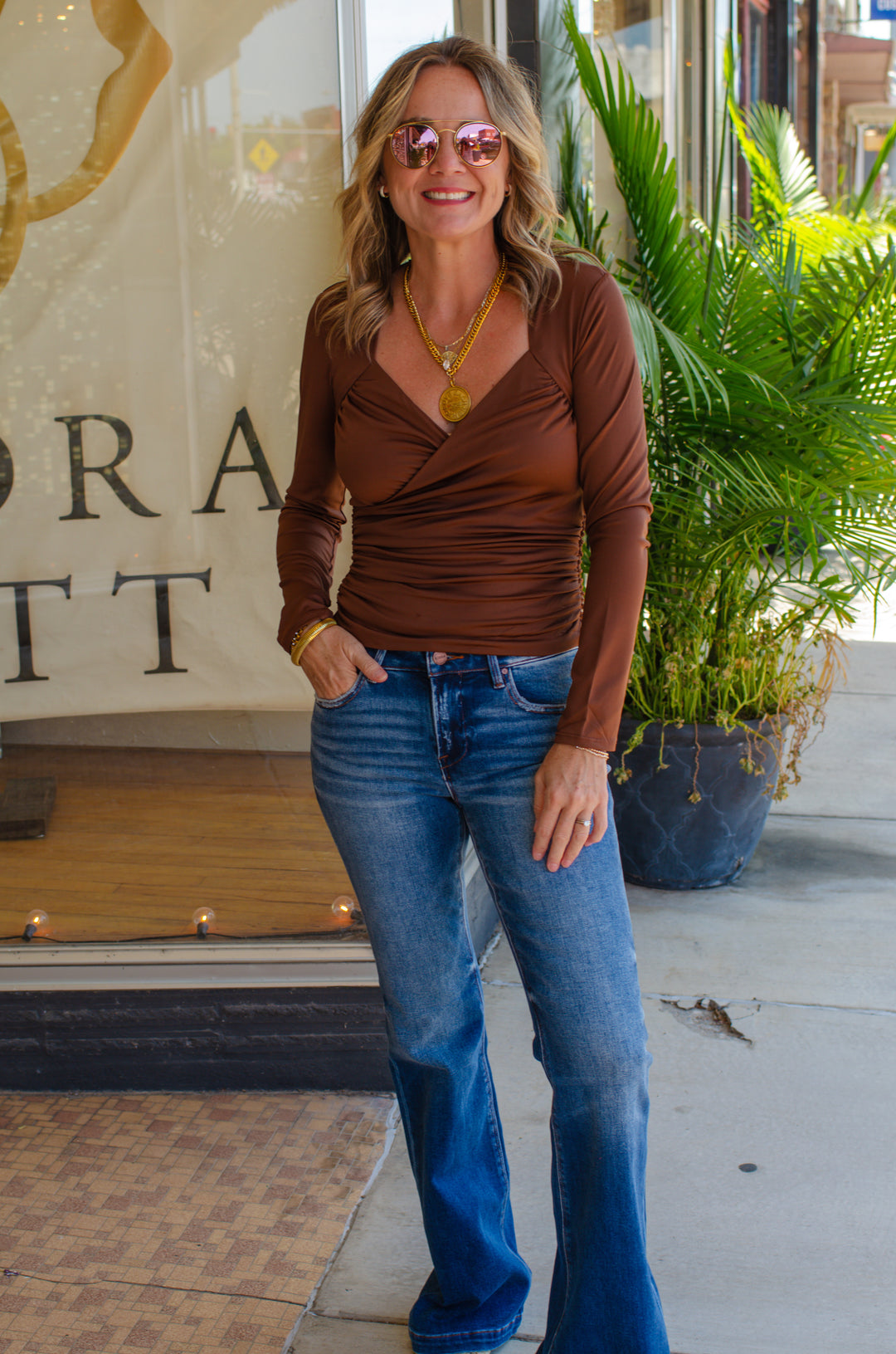 Stand By Me Fitted Wrap Front Long Sleeve Top in Teal