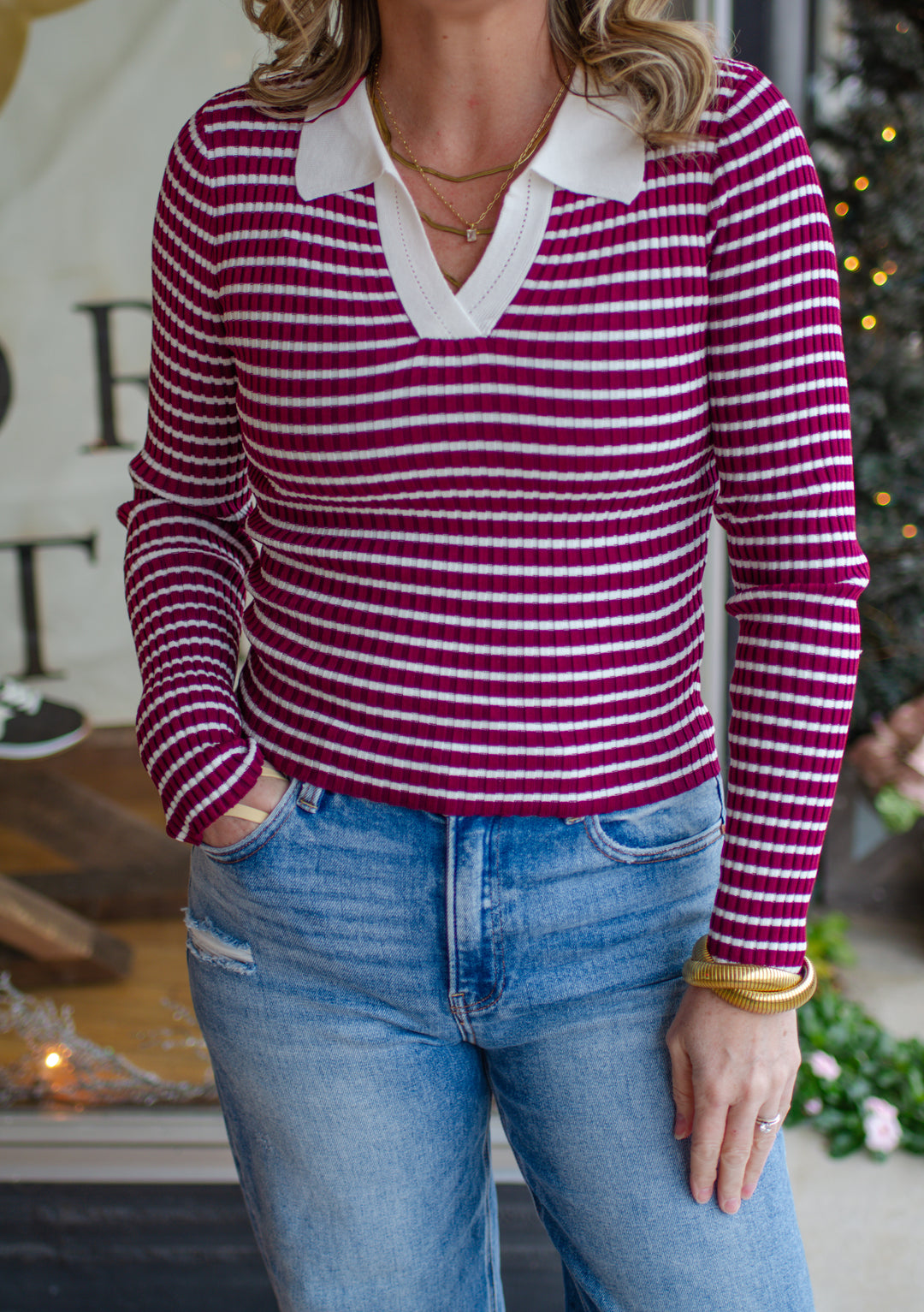 Take Heart Fitted Stripe Collared Long Sleeve in Wine & Ivory