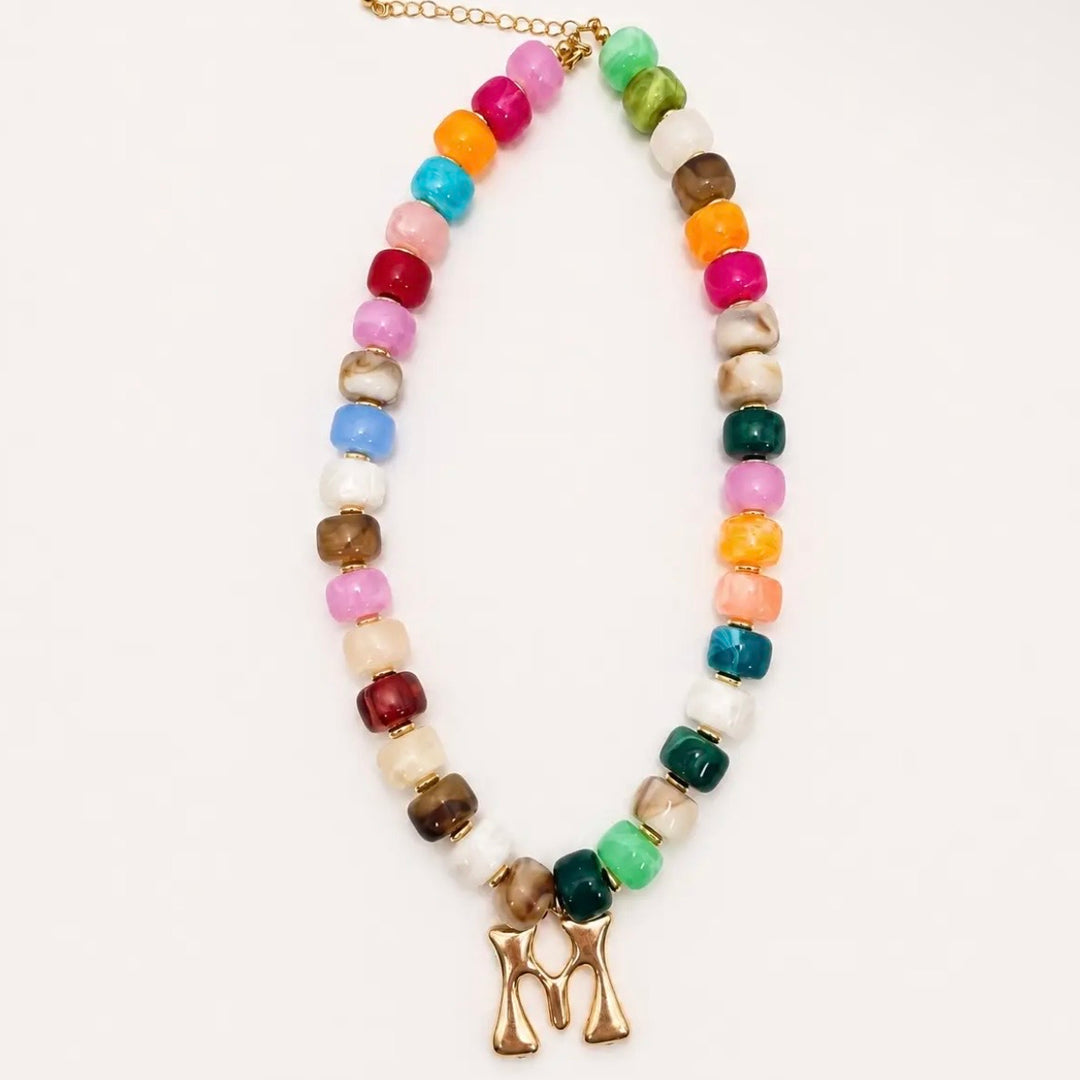 Multi Color Chunky Beaded Initial Charm Necklace