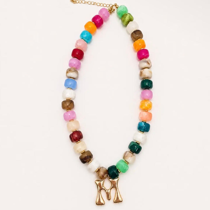 Multi Color Chunky Beaded Initial Charm Necklace