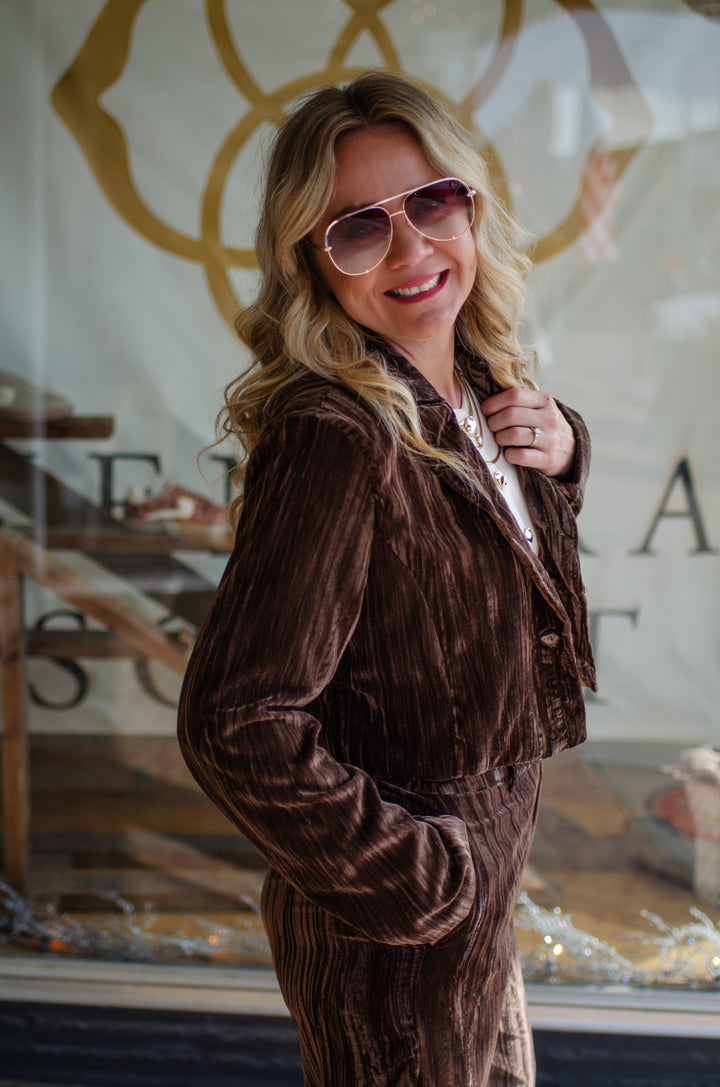 Pure Luxury Chocolate Brown Crushed Velvet Mid Rise Pant