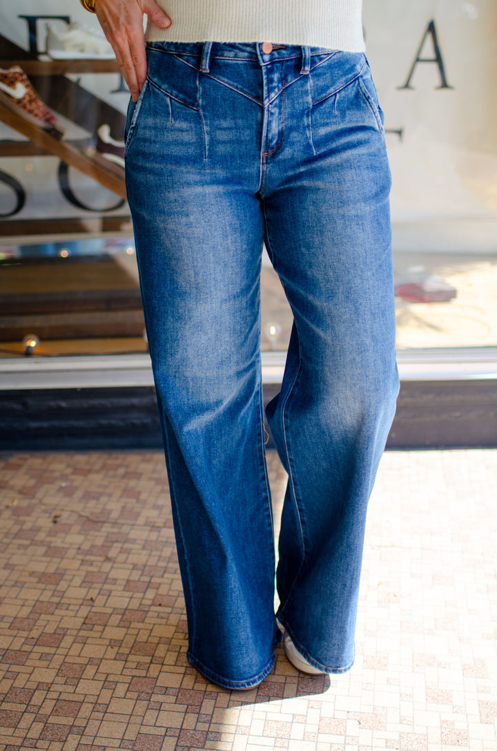 Risen High Rise Wide Leg Jeans with Front Yoke Seam Detail in Dark Wash