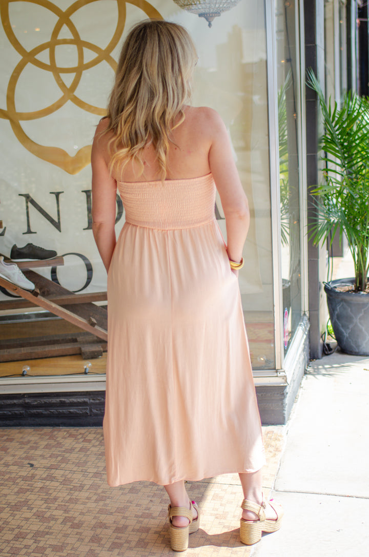 La Dolce Vita Strapless Empire Waistline Midi Dress in Peach