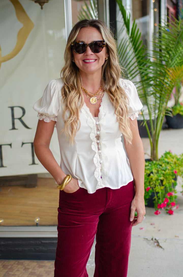 Romantic Nights Lace Trim Button Down Puff Sleeve Blouse in Cream