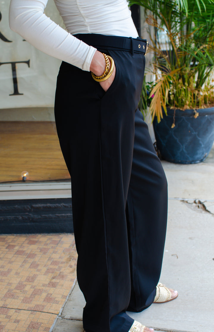 Sophisticated Beauty Belted Wide Leg Trouser Pant in Black