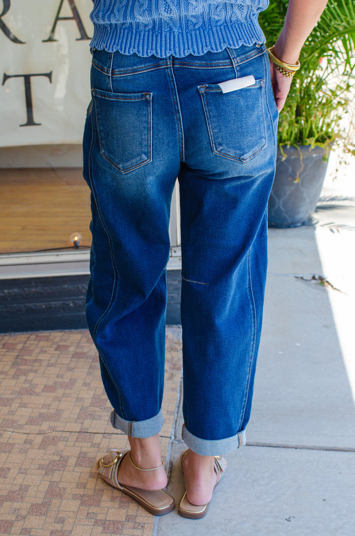 Risen High Rise Boyfriend Fit Ankle Jeans in Dark Wash