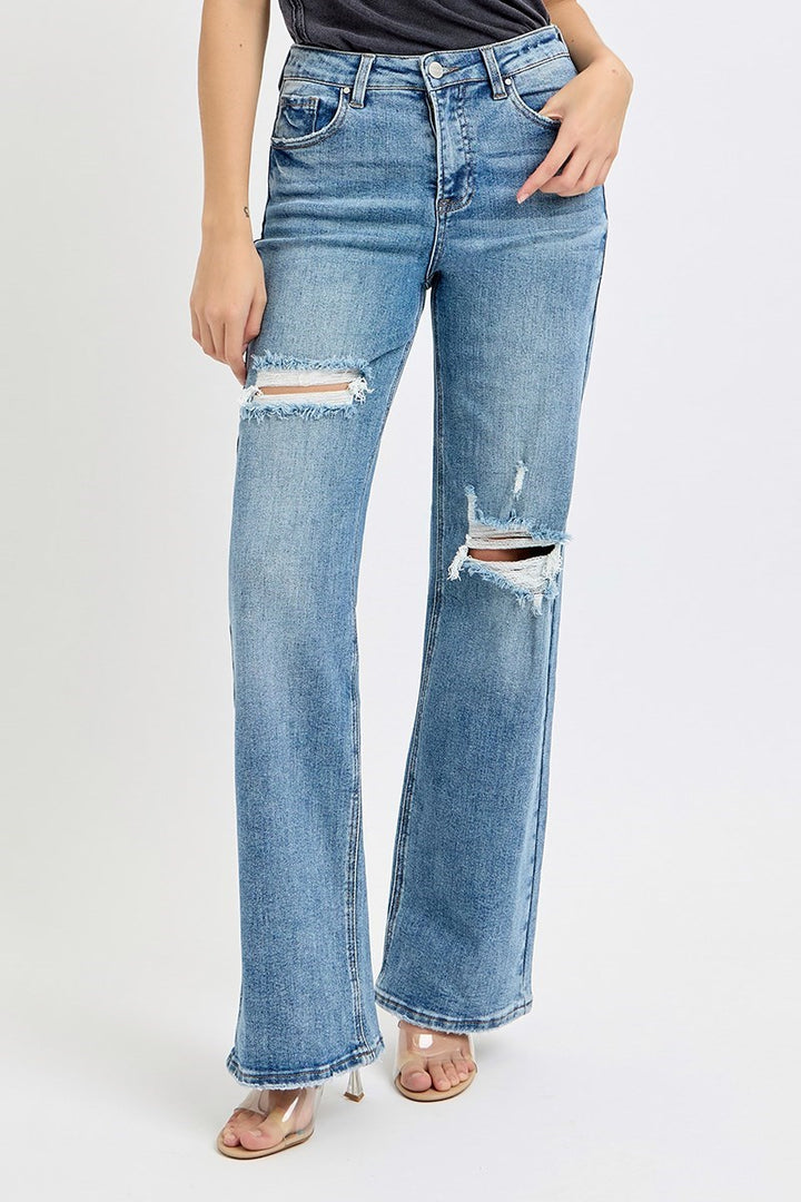 Risen High Rise Wide Leg Ripped Jeans in Medium Wash