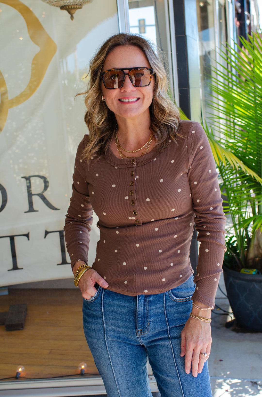 Count On Me Polka Dot Button Down Long Sleeve Fitted Top in Chocolate Brown
