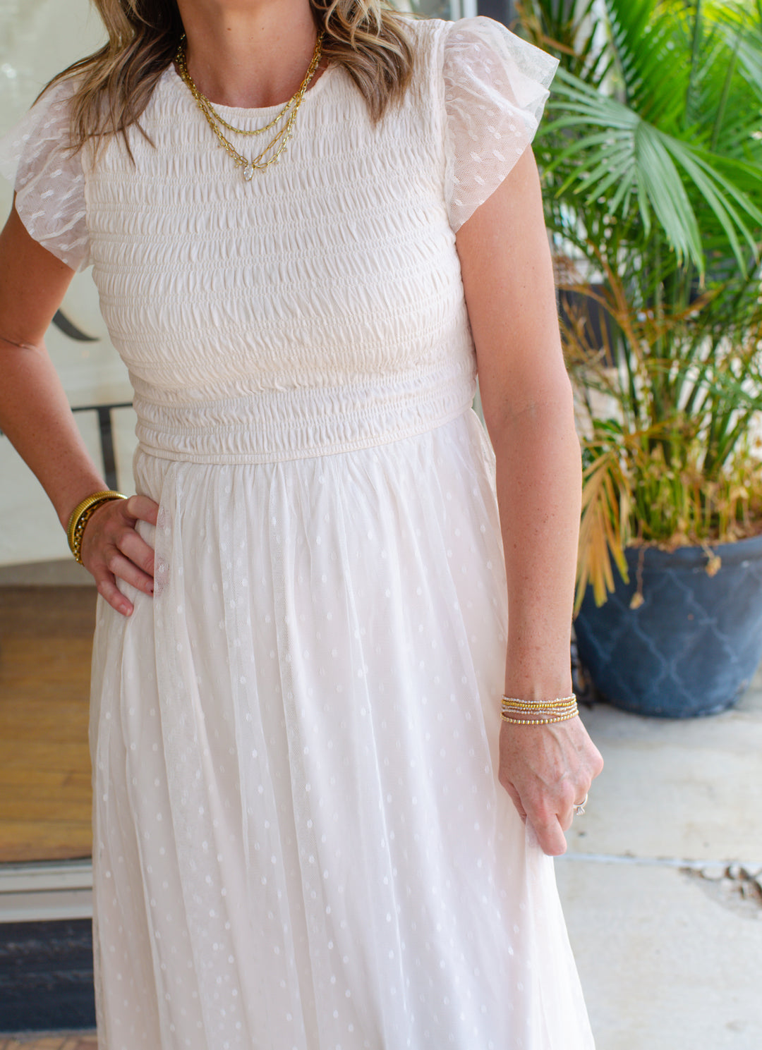 Whimsical Fall Tulle Midi Smocked Dress in Cream