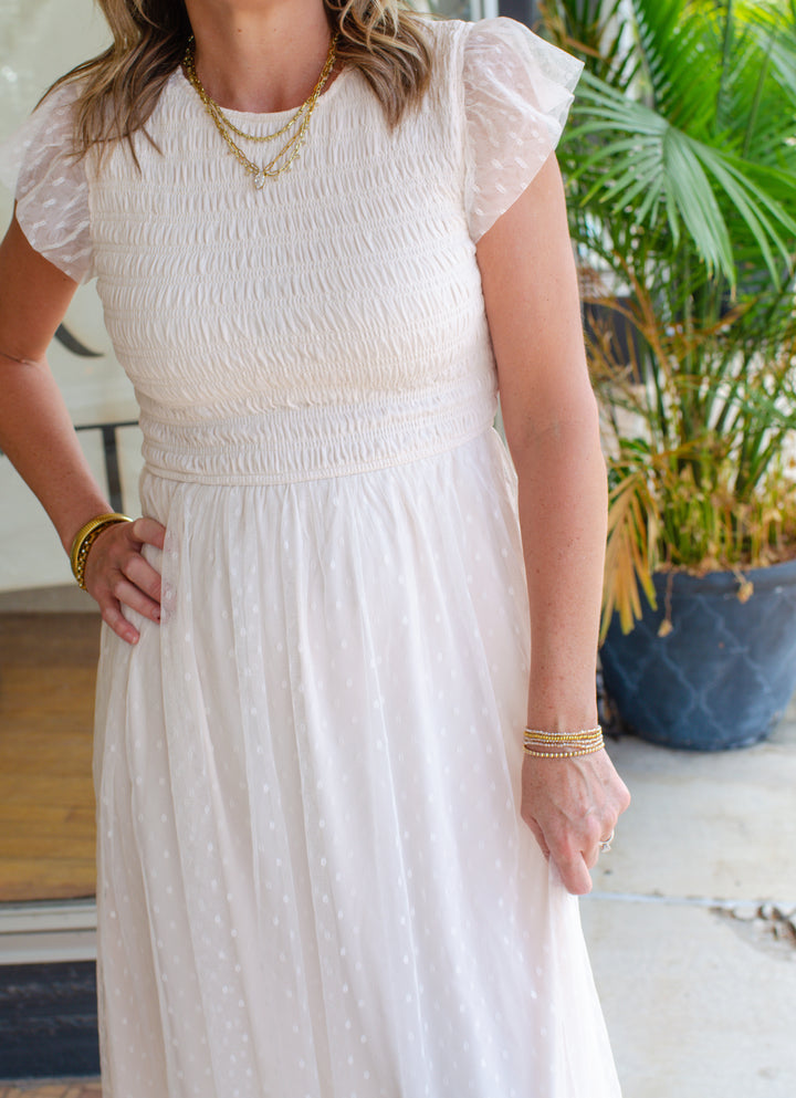 Whimsical Fall Tulle Midi Smocked Dress in Cream
