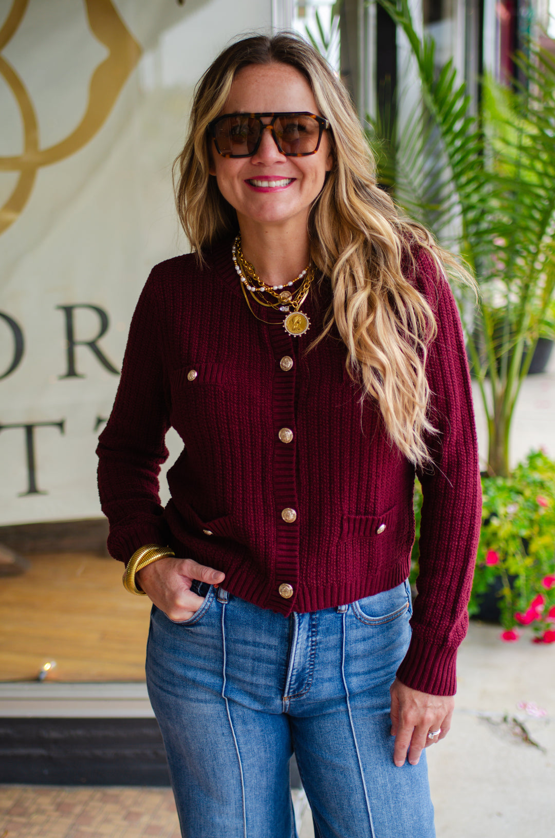 Stylish Moments Gold Button Detailed Sweater Top in Burgundy