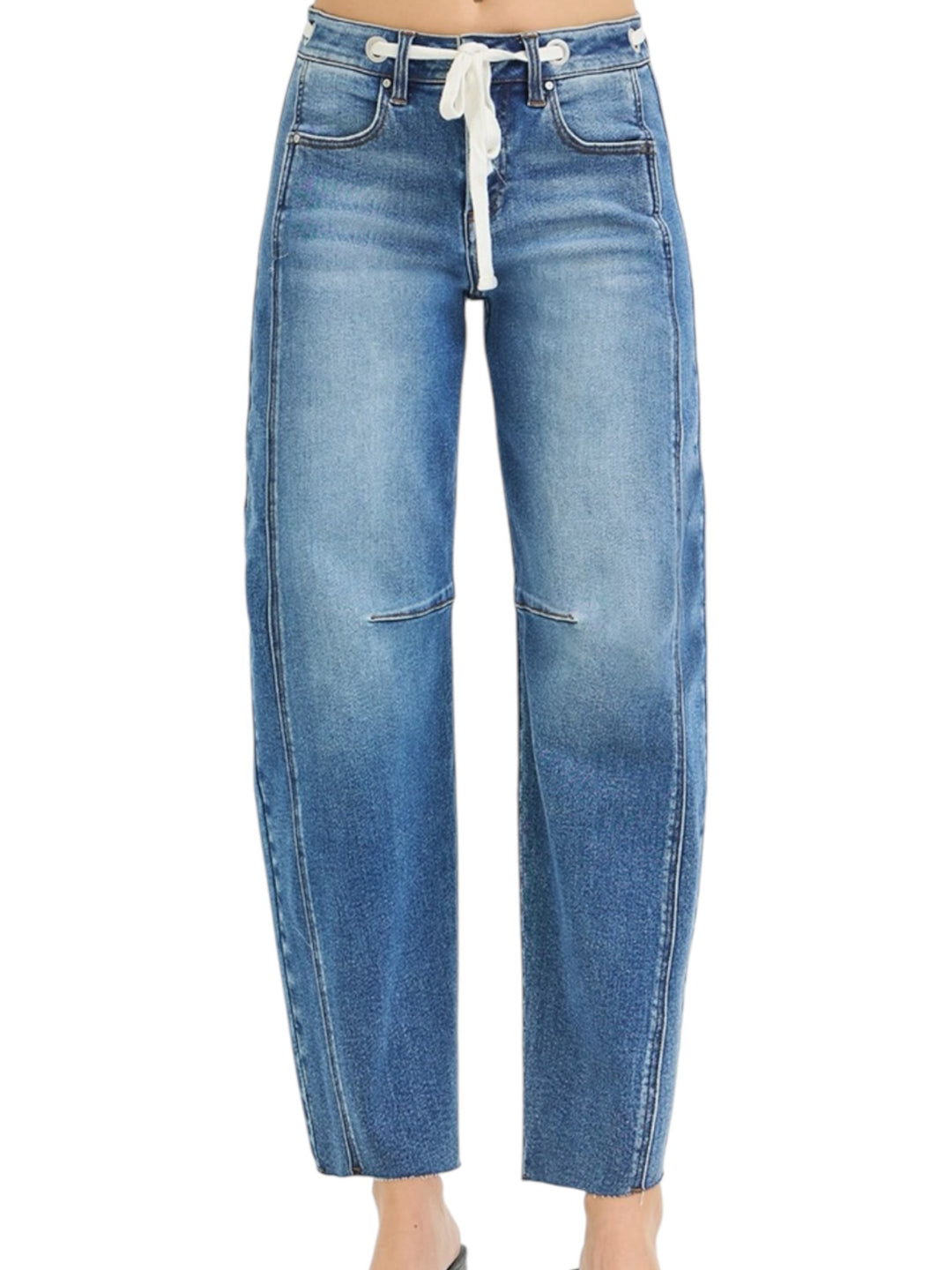 Risen Slouchy Ankle Barrel Jeans Drawstring Details in Medium Wash