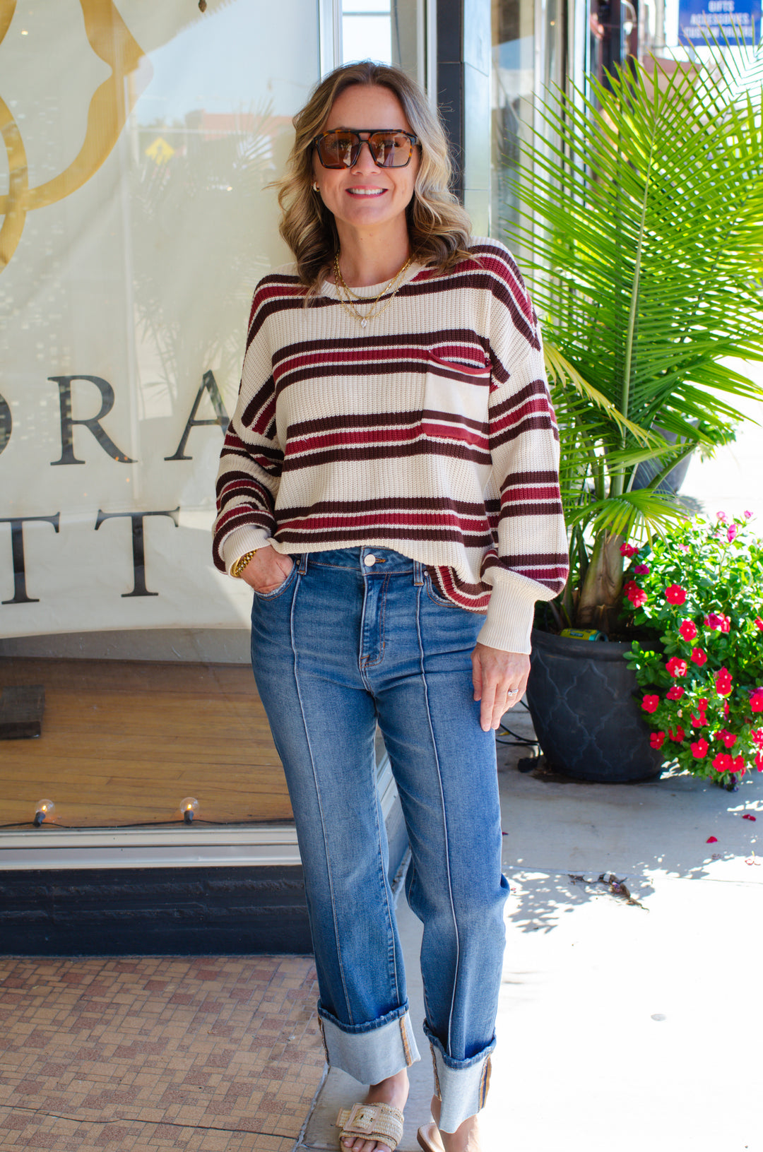 Autumn Colors Stripe Pocket Front Long Sleeve Sweater