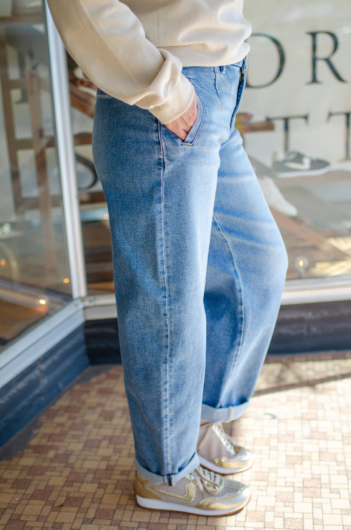 Risen Slouchy Barrel Rolled Up Jeans in Medium Wash