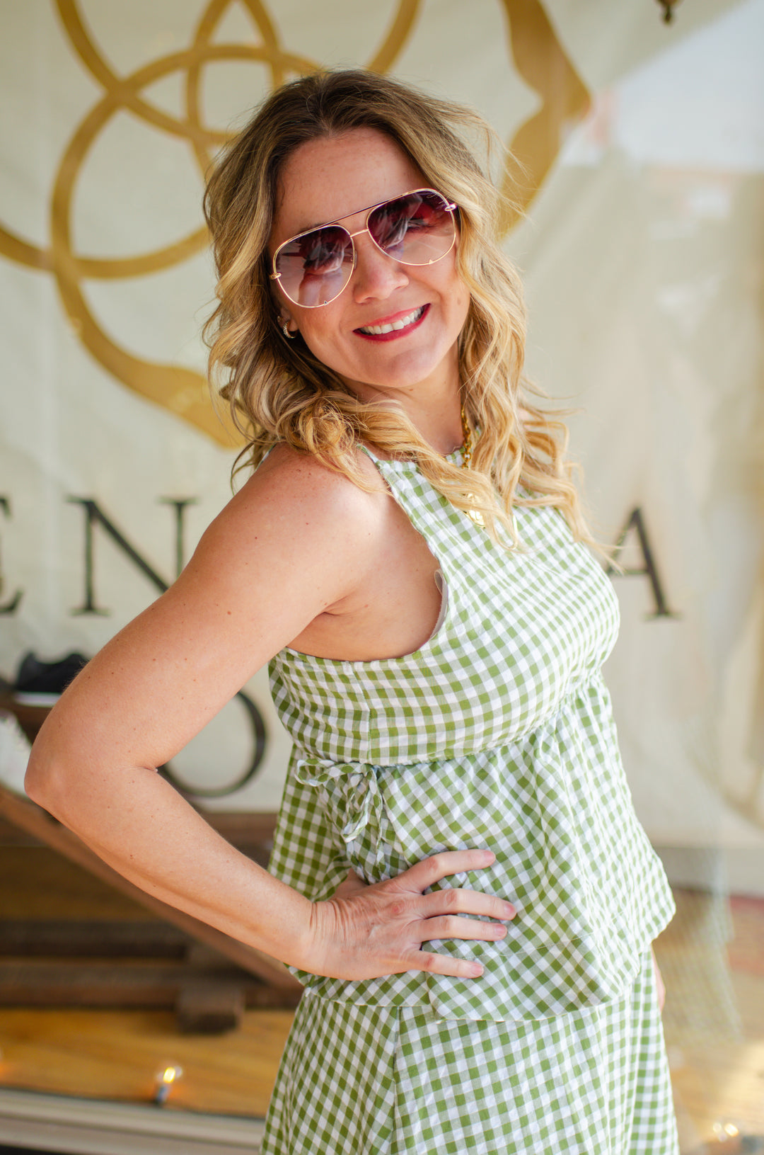 Spring Stroll Gingham Sleeveless Side Tie Babydoll Top in Green