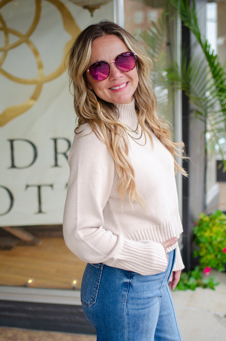 Take Your Time Knit Mock Neckline Sweater in Light Khaki