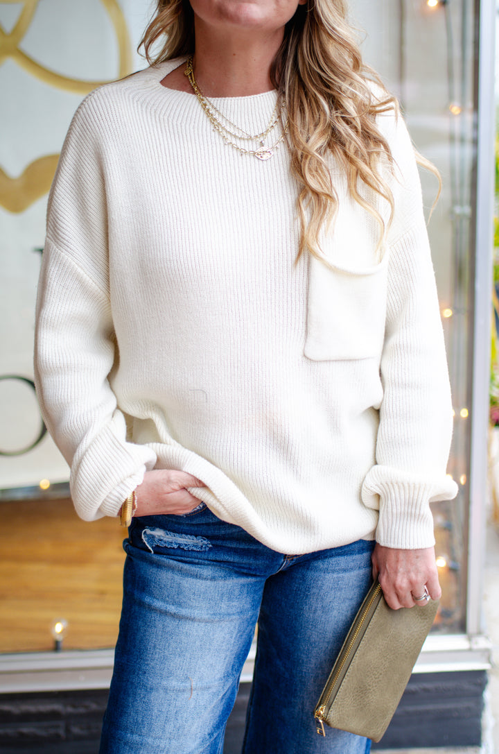 Once Yours Funnel Neck Long Sleeve Ribbed Pull Over Pocket Sweater in Ivory