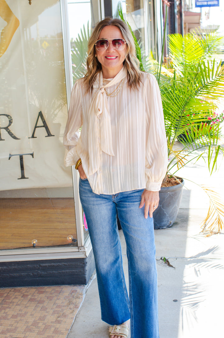 Graceful Stripe Button Down Tie Neckline Blouse in Cream