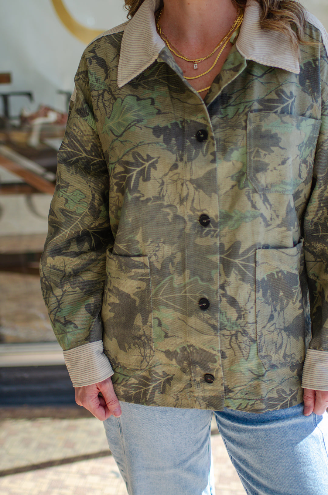 See Through You Camo Corduroy Collar Jacked in Beige Mix