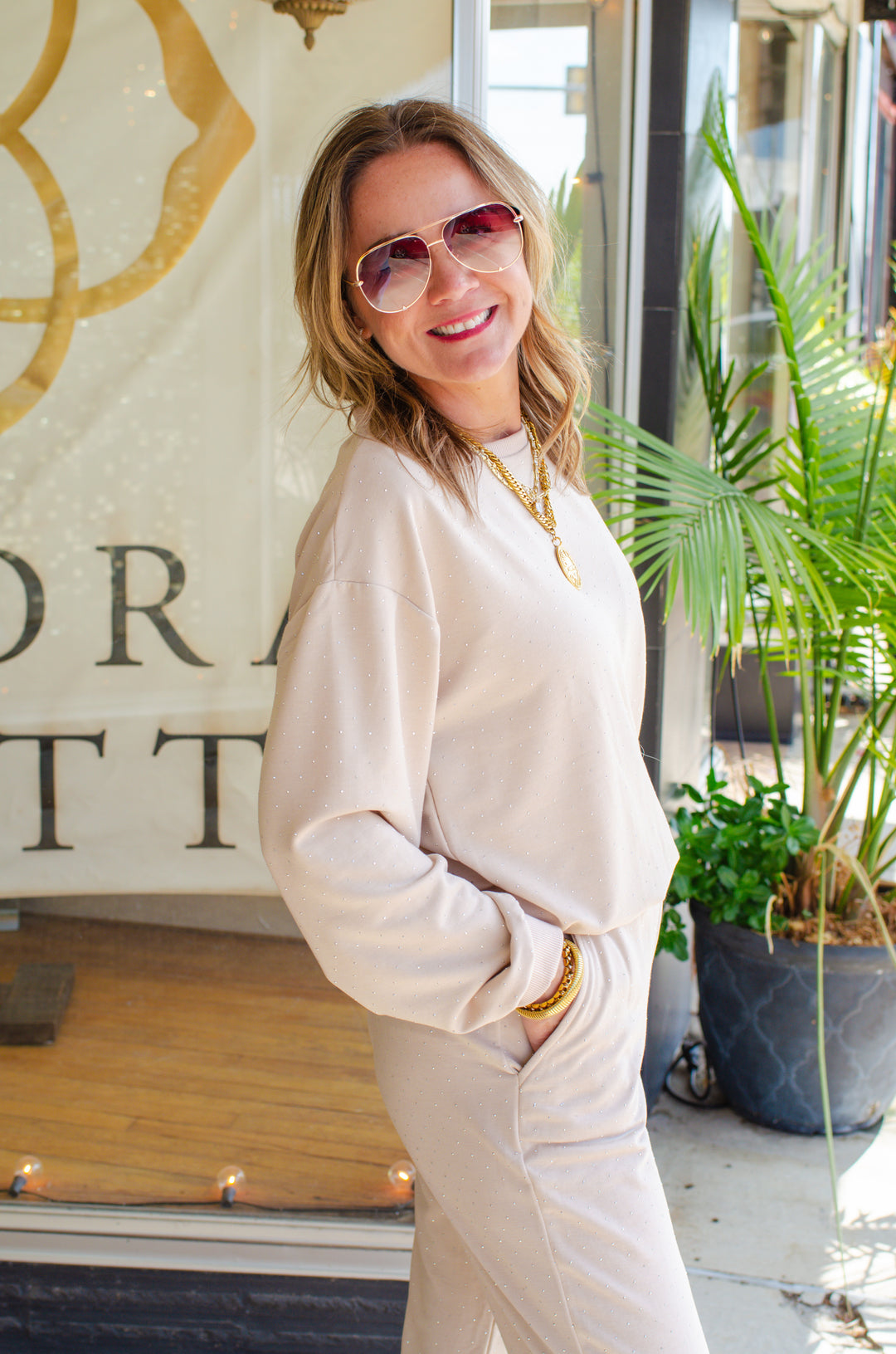 Shimmer in You Top Cream Sweatshirt Top with Metallic Rhinestones