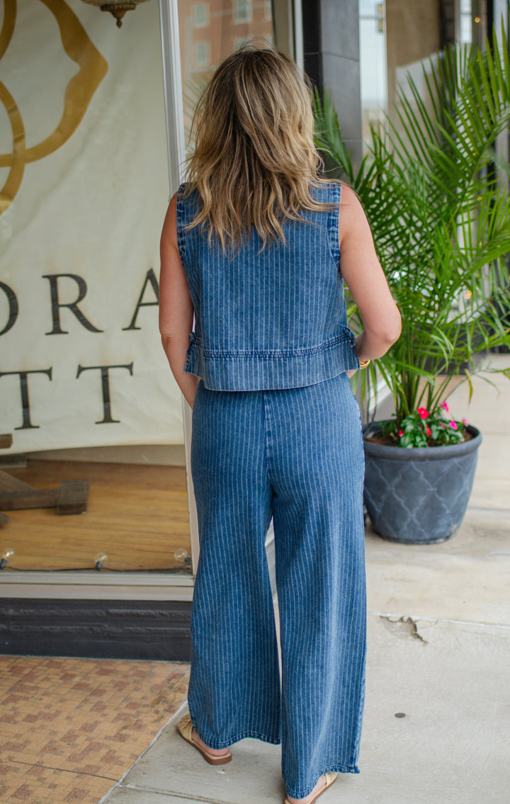 Bold Denim Pinstripe Stretch Tie Front Wide Leg Pants in Dark Denim