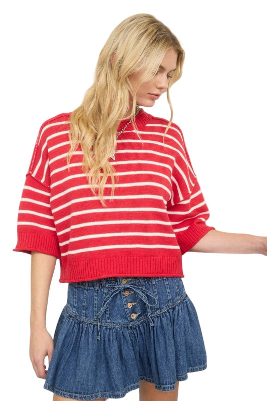 Lasting Love Crochet Stripe Sweater Top in Cream & Red