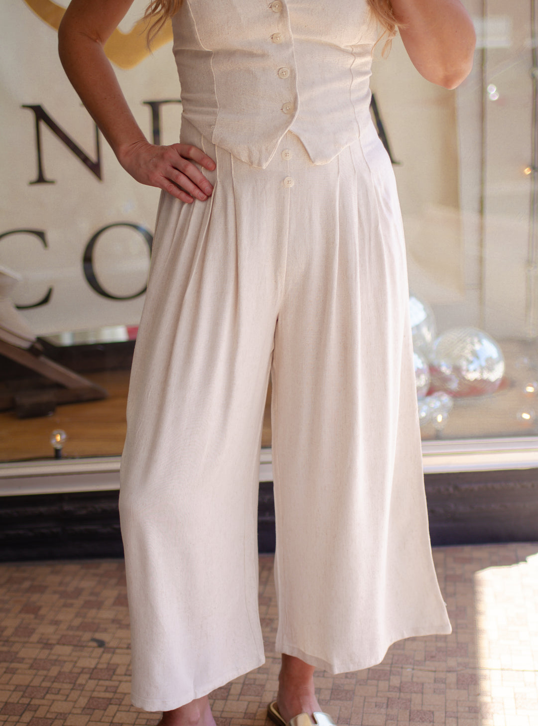 Hold You Smocked Waistline Pleated Wide Leg Pants in Oatmeal