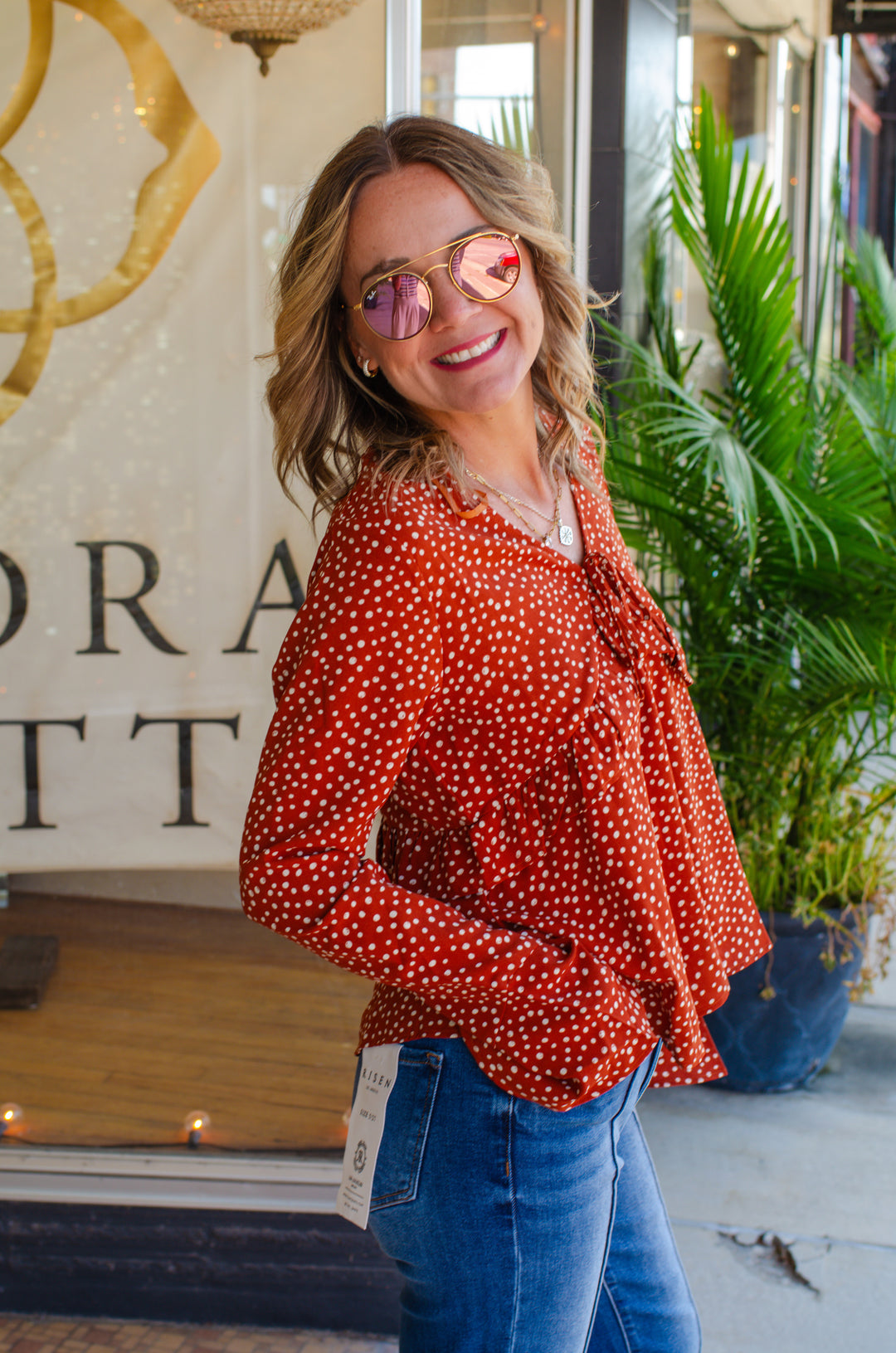 Fall Feels Polka Dot Rust Babydoll Long Sleeve Top