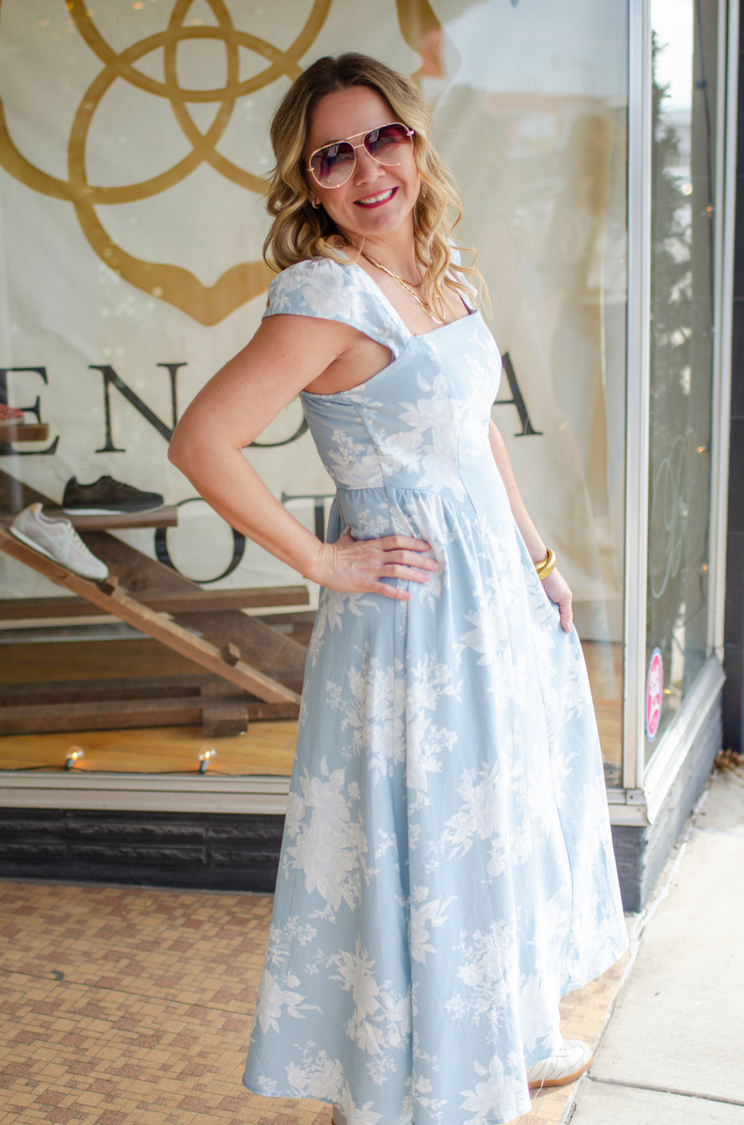 Floral Dreamer Midi Length Ruffle Shoulder Dress in Light Blue