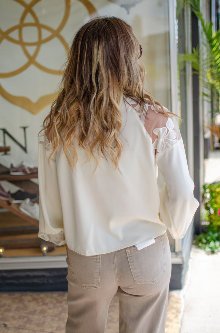 Romantic Night Floral Sheer Sleeve Round Neck Blouse in Cream