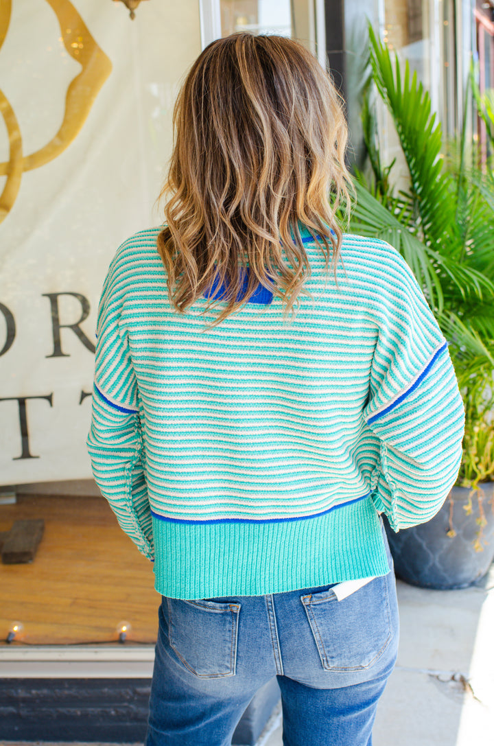 Get Cozy Soft Ribbed Knit Round Neck Color Block Sweater in Seafoam