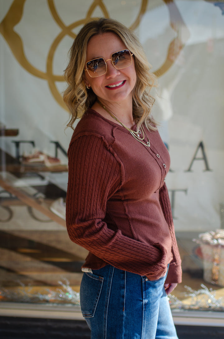 Winter Wish Button Up Long Sleeve Top in Cinnamon