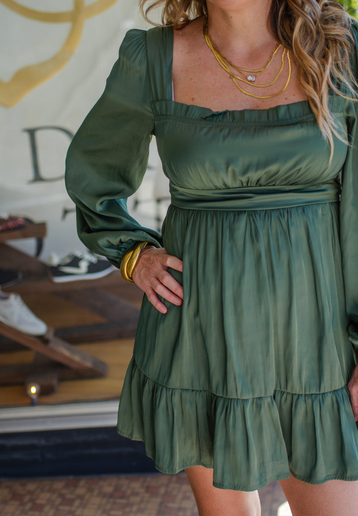 Emerald Wishes Silky Gathered Swing Dress