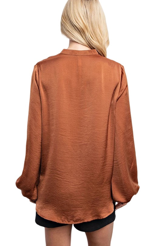 Heart of Mine Satin V-Neck Blouse in Camel