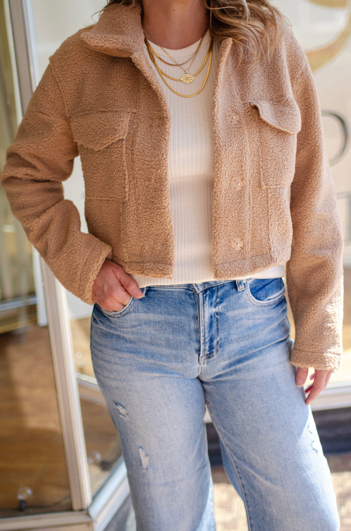 Your Like Home Shearling Cropped Button Front Jacket with Pockets in Camel