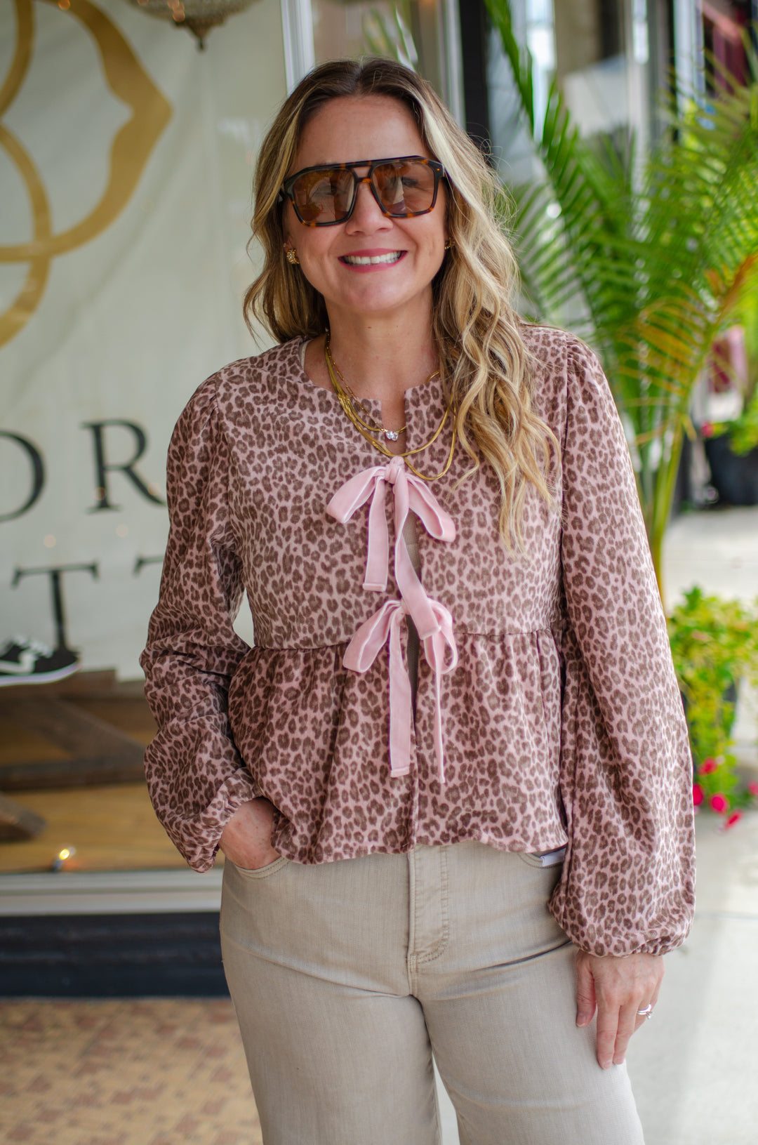 Wild Ways Pink Leopard Velvet Bow Front Top