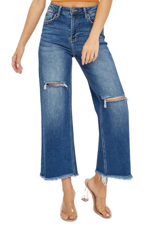 Risen High Rise Frayed Ankle Wide Leg Jeans in Dark Wash