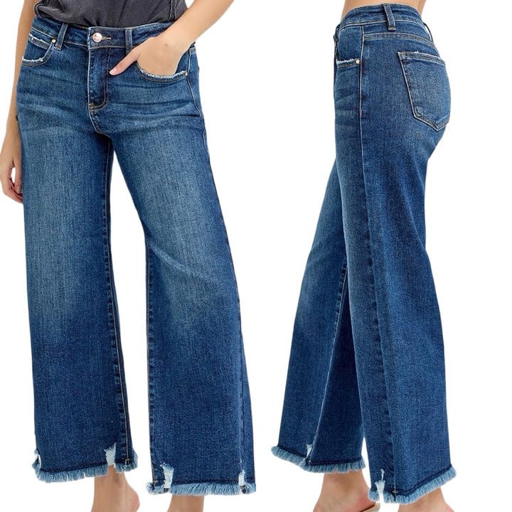 Risen Wide Leg Raw Edge Hem Jeans in a Dark Wash