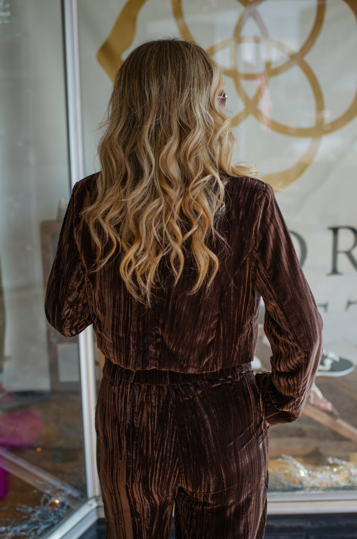 Pure Luxury Chocolate Brown Crushed Velvet Mid Rise Pant