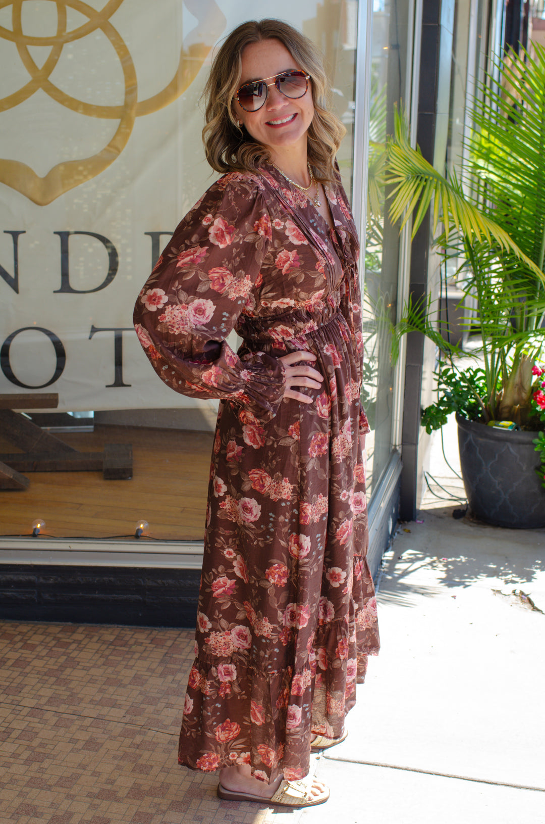 Fall Beauty Empire Waist Floral Maxi Dress in Brown