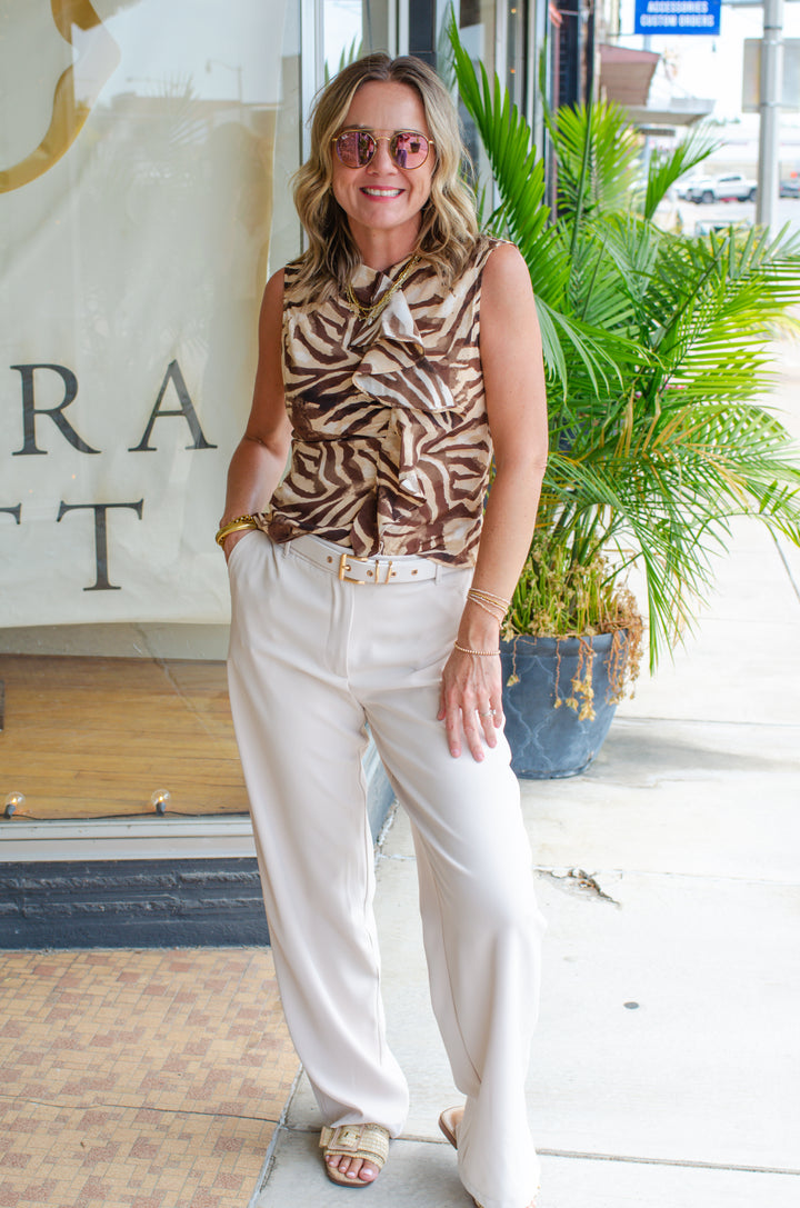 Wild One Ruffle Front Top in  Brown