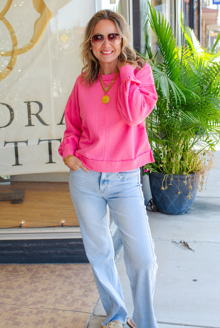 Breathless Modern Textured Boxy Long Sleeve Top in Pink