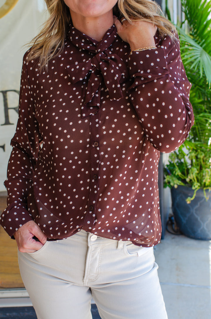 Spot On Polka Dot Neck button down Tie Top in Chocolate
