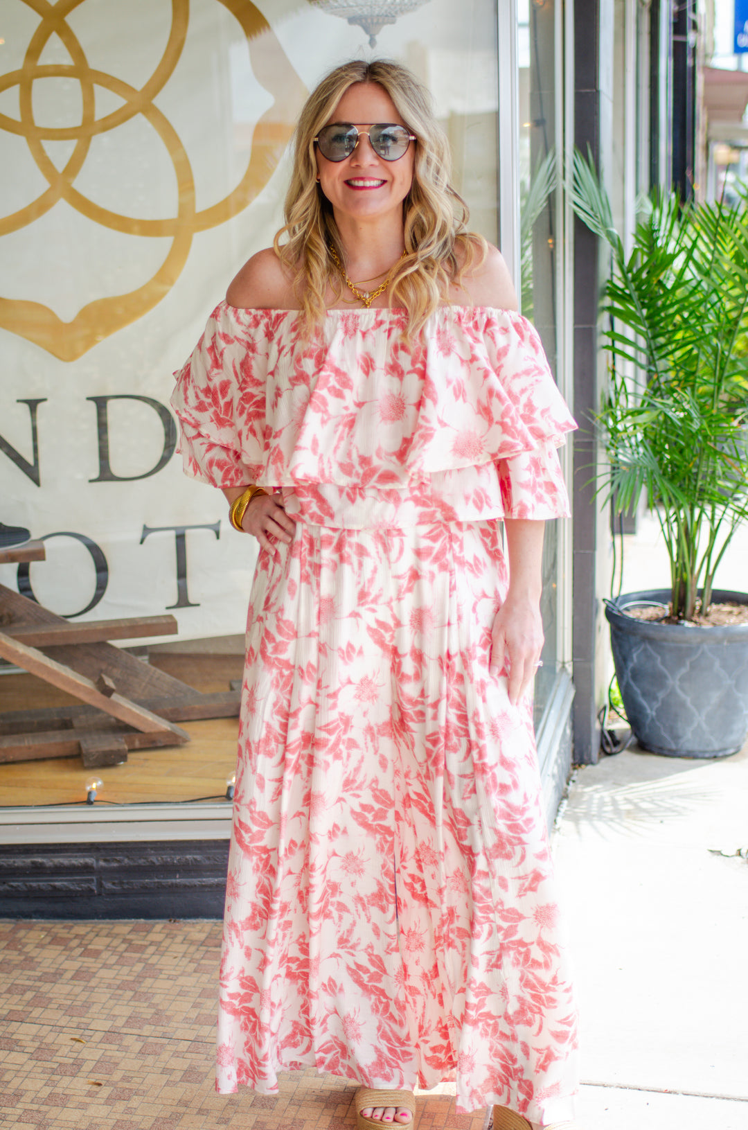 Bahamas Bound Floral Off The Shoulder Tiered Top in Coral
