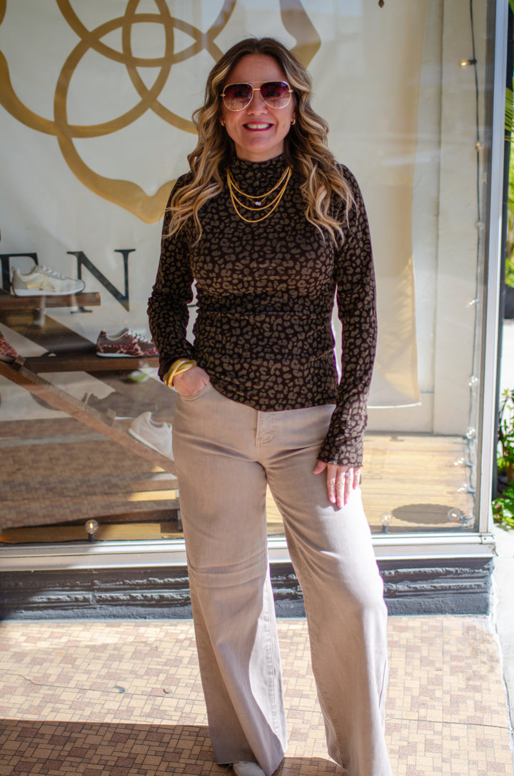 Winter Leopard Fitted Long Sleeve Mock Neck Top in Chocolate