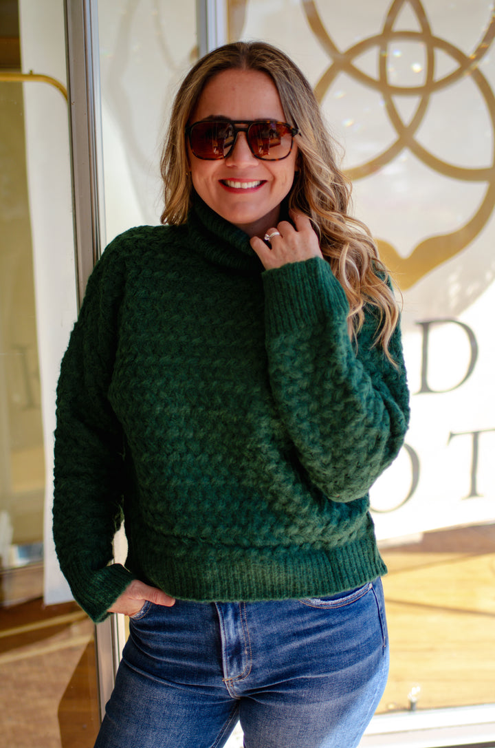 See It Through Knit Turtleneck Sweater in Forest Green