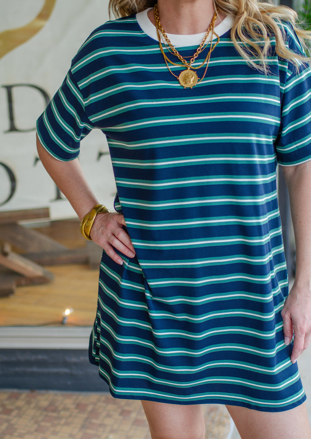 Casual Chic Navy Stripe Skirt Dress in Navy